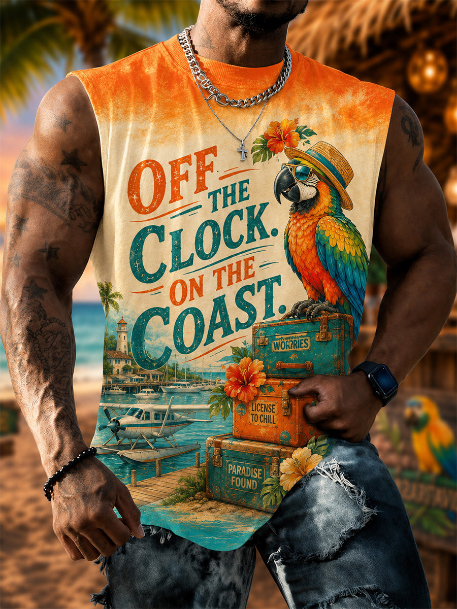 Men's Off The Clock On The Coast Parrot Print Casual Vest gracestitchs