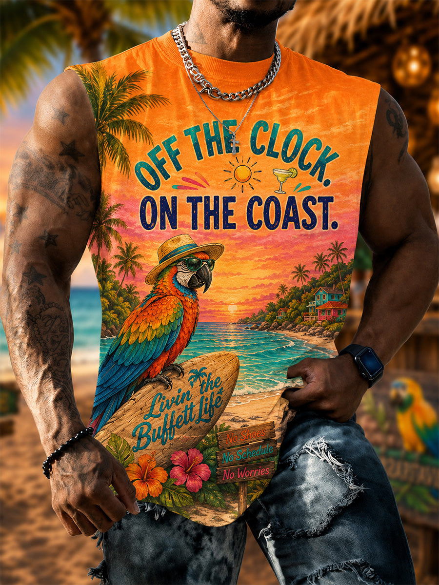 Men's Off The Clock On The Coast Parrot Print Casual Vest gracestitchs