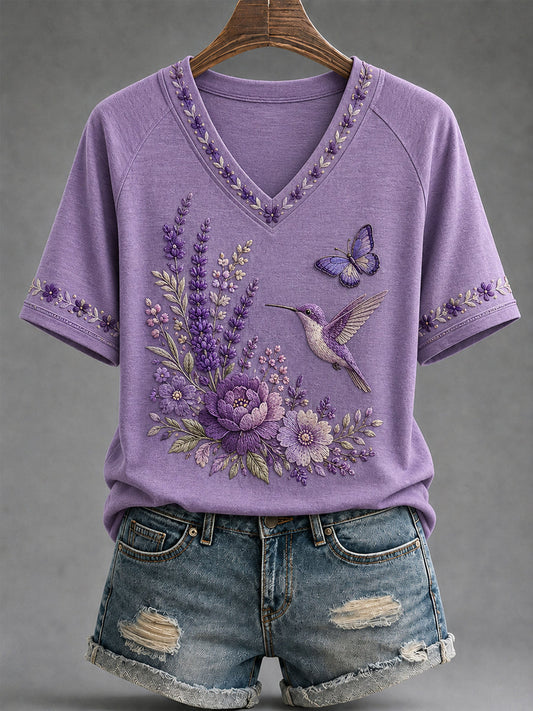 Women's Purple Floral & Hummingbird Print Alzheimer's Awareness Support V-Neck Tee gracestitchs