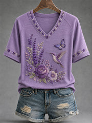 Women's Purple Floral & Hummingbird Print Alzheimer's Awareness Support V-Neck Tee gracestitchs