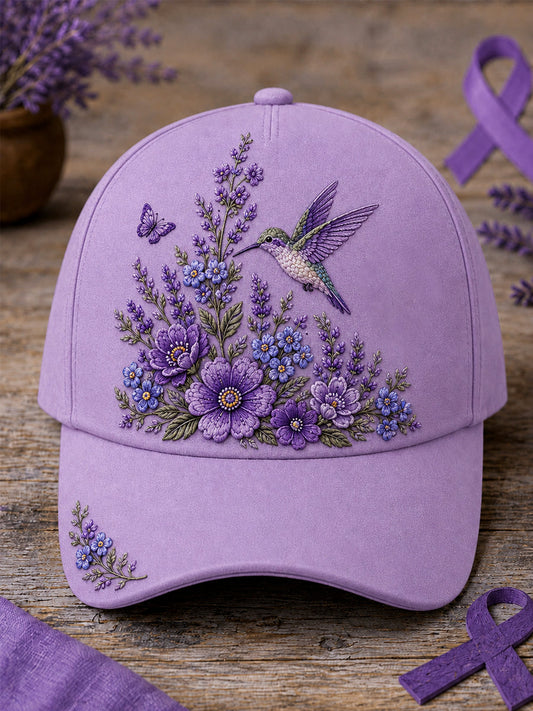 Unisex Purple Floral & Hummingbird Print Alzheimer's Awareness Support Hat gracestitchs