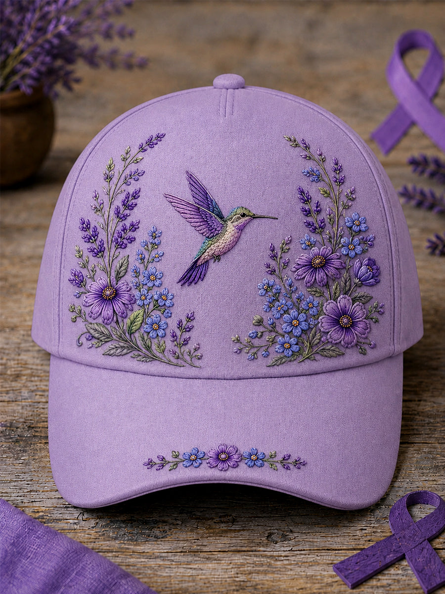 Unisex Purple Floral & Hummingbird Print Alzheimer's Awareness Support Hat gracestitchs