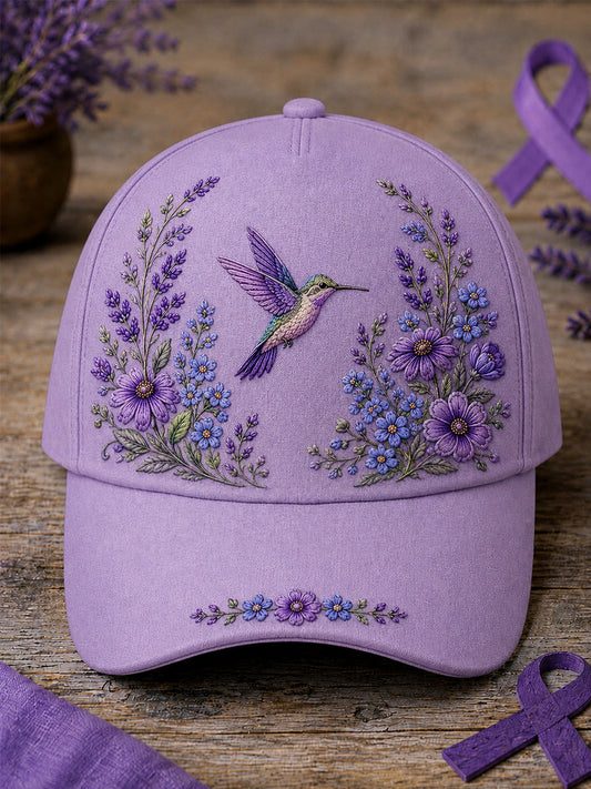 Unisex Purple Floral & Hummingbird Print Alzheimer's Awareness Support Hat gracestitchs