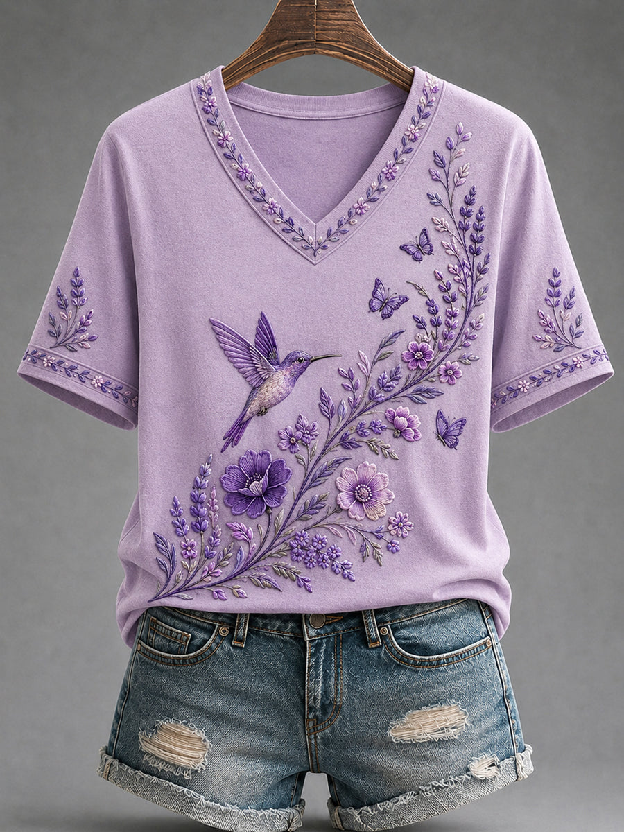 Women's Purple Floral & Hummingbird Print Alzheimer's Awareness Support V-Neck Tee gracestitchs