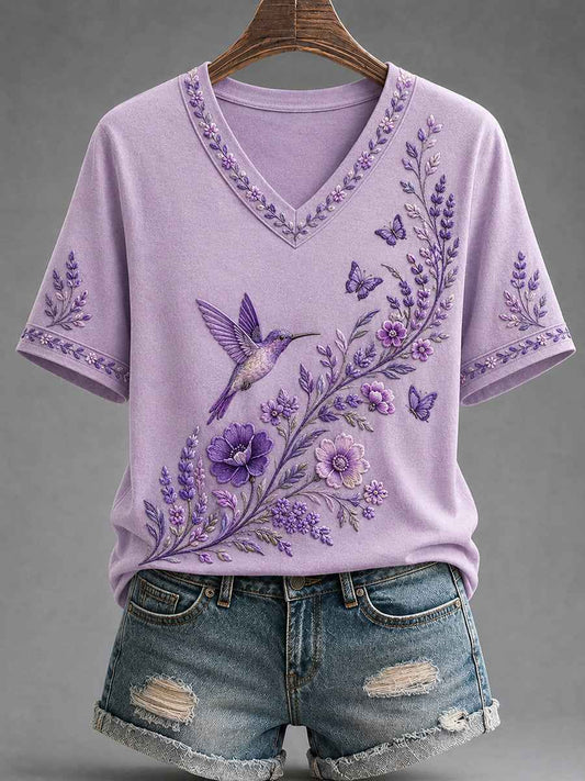Women's Purple Floral & Hummingbird Print Alzheimer's Awareness Support V-Neck Tee