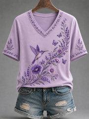 Women's Purple Floral & Hummingbird Print Alzheimer's Awareness Support V-Neck Tee gracestitchs