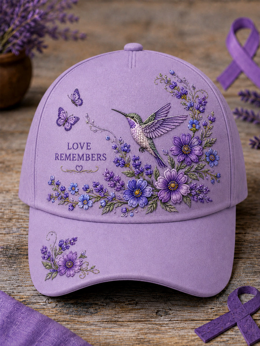 Unisex Purple Floral & Hummingbird Print Alzheimer's Awareness Support Hat gracestitchs
