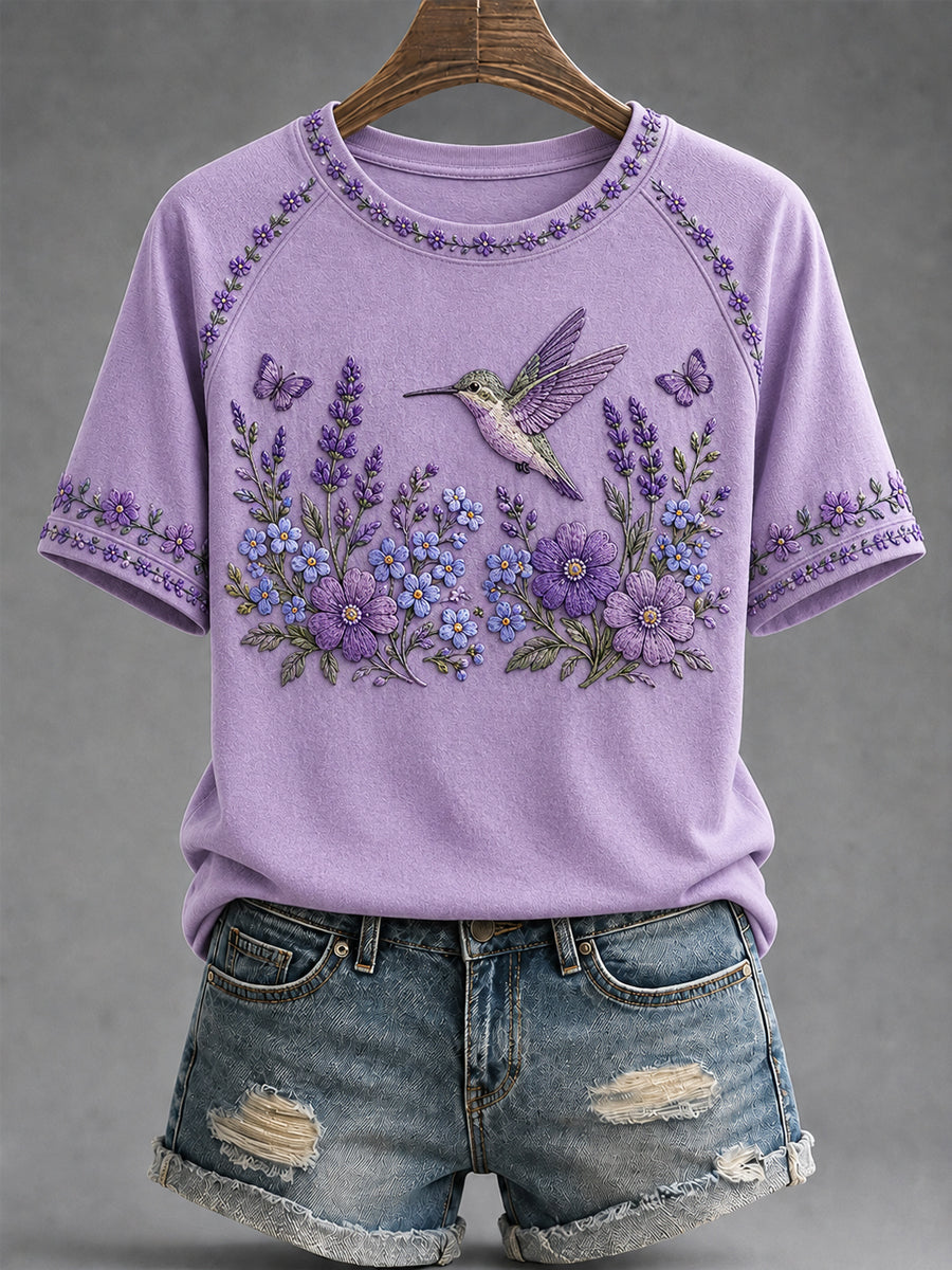 Women's Purple Floral & Hummingbird Print Alzheimer's Awareness Support Tee gracestitchs