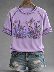 Women's Purple Floral & Hummingbird Print Alzheimer's Awareness Support Tee gracestitchs