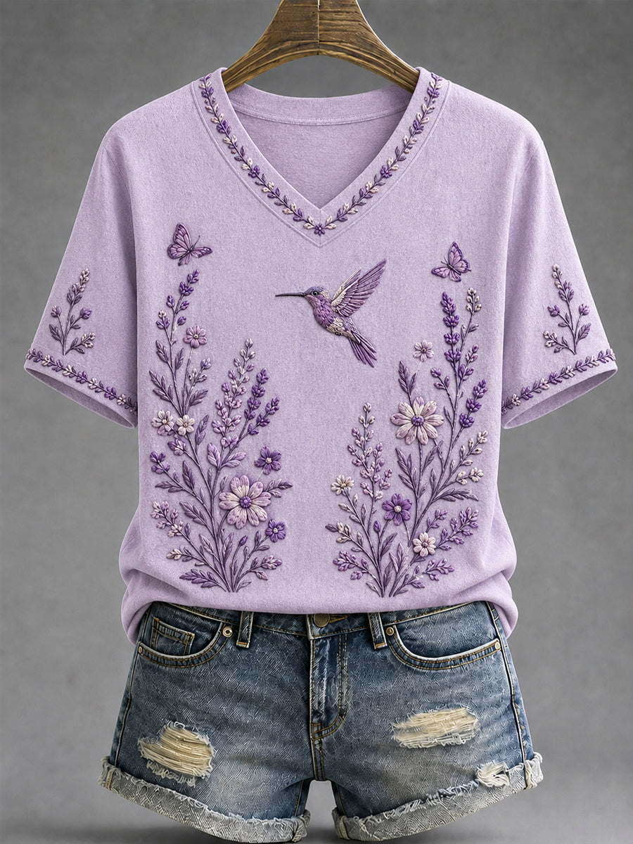 Women's Purple Floral & Hummingbird Print Alzheimer's Awareness Support V-Neck Tee gracestitchs