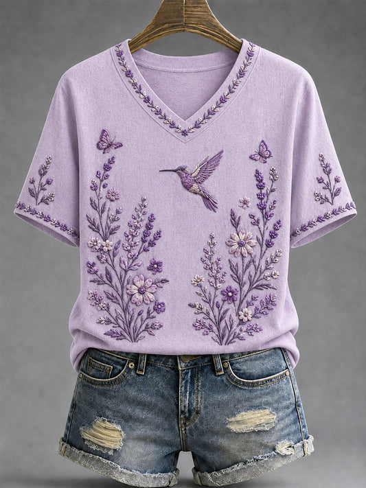 Women's Purple Floral & Hummingbird Print Alzheimer's Awareness Support V-Neck Tee gracestitchs