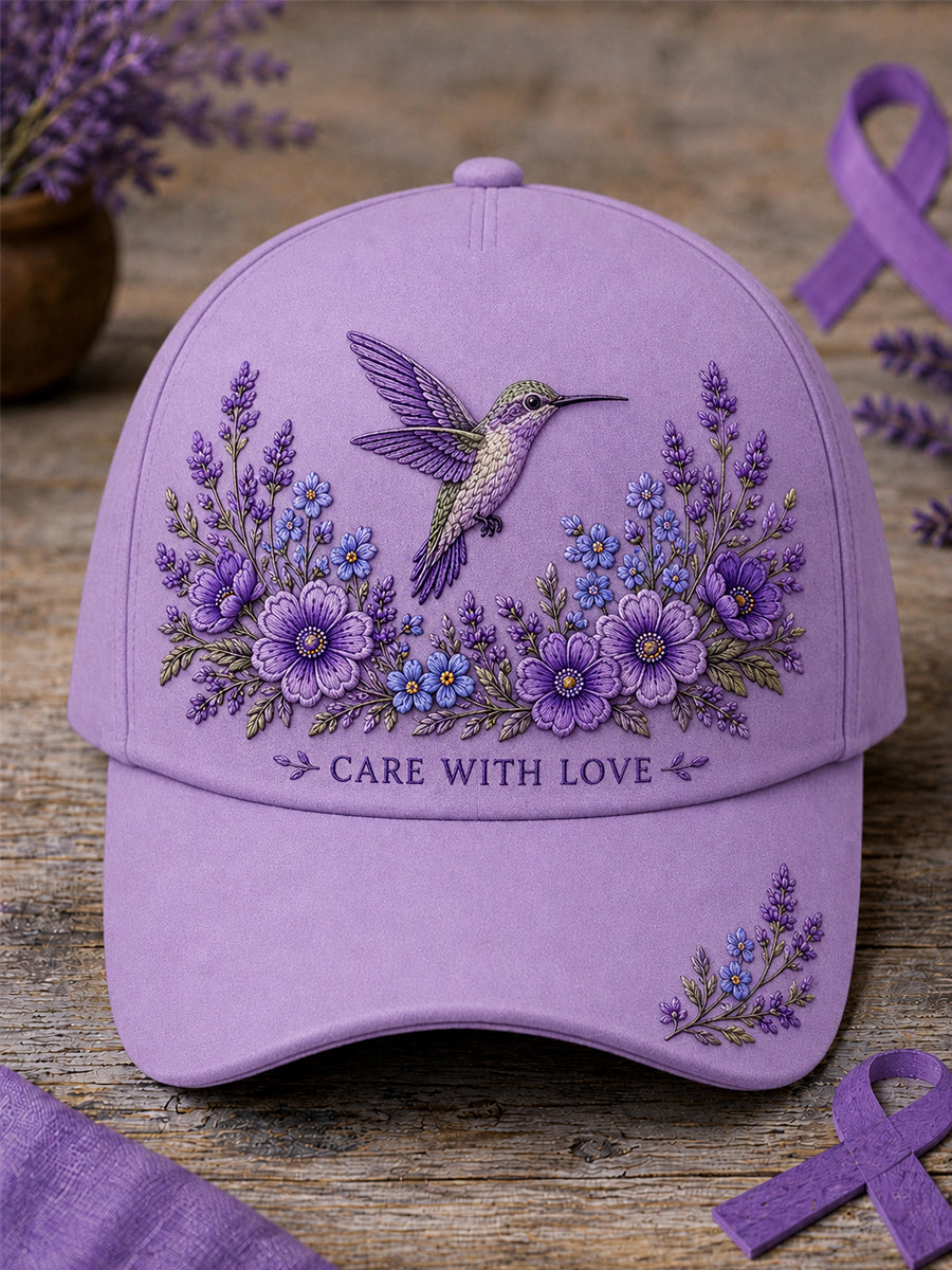 Unisex Purple Floral & Hummingbird Print Alzheimer's Awareness Support Hat gracestitchs