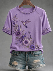 Women's Purple Floral & Hummingbird Print Alzheimer's Awareness Support Tee gracestitchs