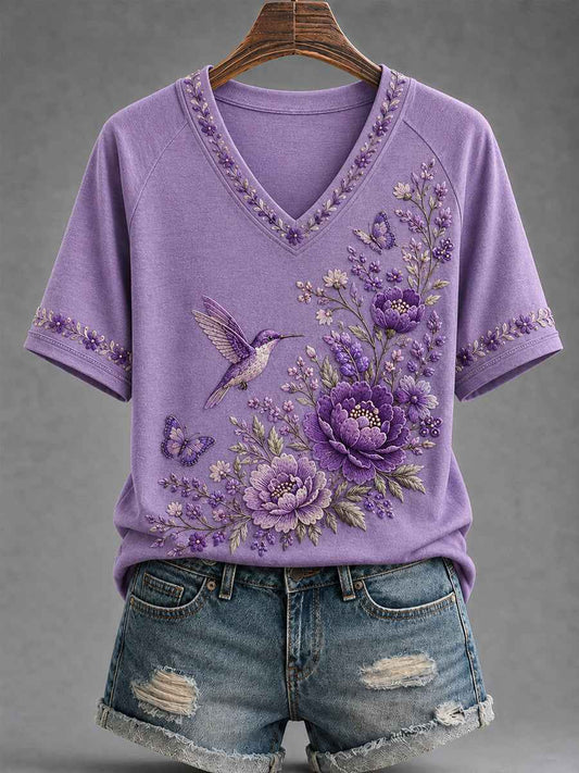 Women's Purple Floral & Hummingbird Print Alzheimer's Awareness Support V-Neck Tee