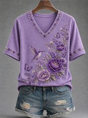 Women's Purple Floral & Hummingbird Print Alzheimer's Awareness Support V-Neck Tee gracestitchs