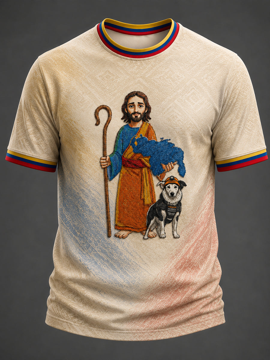 Men's Venezuela Hero Dog Tsunami  And Jesus Print T-shirt gracestitchs