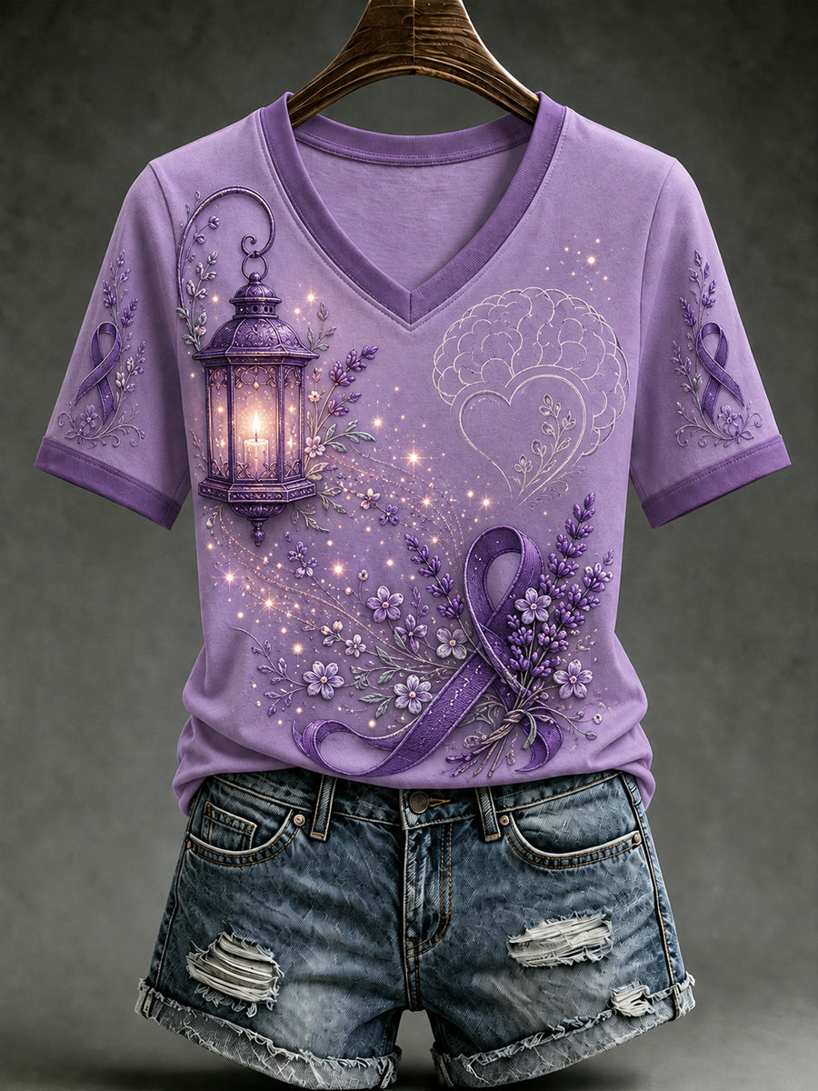 Women's Alzheimer's Awareness Dementia Support Purple Ribbon Purple Floral & Hummingbird  Art  Tee gracestitchs
