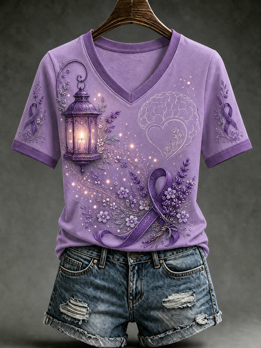 Women's Alzheimer's Awareness Dementia Support Purple Ribbon Purple Floral & Hummingbird  Art  Tee gracestitchs