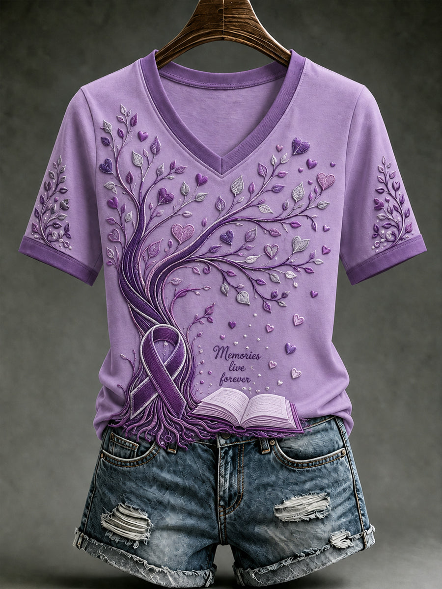 Women's Alzheimer's Awareness Dementia Support Purple Ribbon Purple Floral & Hummingbird  Art  Tee gracestitchs