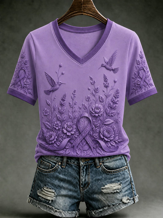 Women's Alzheimer's Awareness Dementia Support Purple Ribbon Purple Floral & Hummingbird  Art  Tee gracestitchs