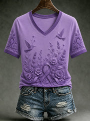 Women's Alzheimer's Awareness Dementia Support Purple Ribbon Purple Floral & Hummingbird  Art  Tee gracestitchs
