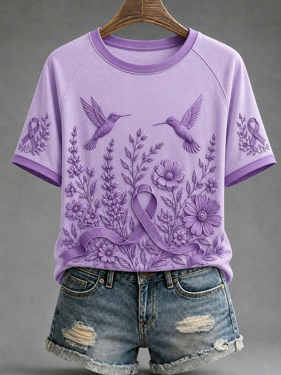 Women's Alzheimer's Awareness Dementia Support Purple Ribbon Purple Floral & Hummingbird  Art  Tee gracestitchs