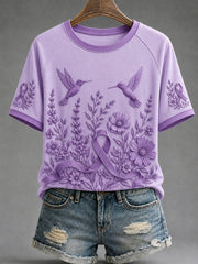 Women's Alzheimer's Awareness Dementia Support Purple Ribbon Purple Floral & Hummingbird  Art  Tee gracestitchs