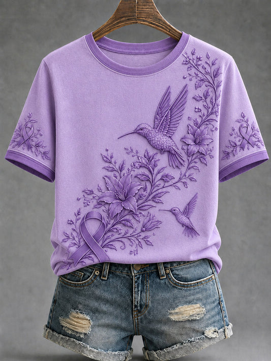 Women's Alzheimer's Awareness Dementia Support Purple Ribbon Purple Floral & Hummingbird  Art  Top gracestitchs