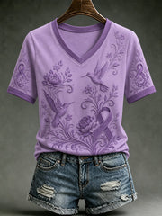 Women's Alzheimer's Awareness Dementia Support Purple Ribbon Purple Floral & Hummingbird  Art  Tee gracestitchs