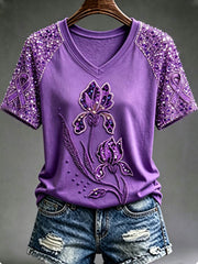 Women's Purple Floral & Hummingbird Print Alzheimer's Awareness Support V-Neck Tee gracestitchs