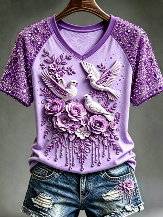 Women's Purple Floral & Hummingbird Print Alzheimer's Awareness Support V-Neck Tee gracestitchs