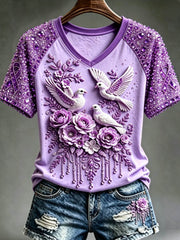 Women's Purple Floral & Hummingbird Print Alzheimer's Awareness Support V-Neck Tee gracestitchs
