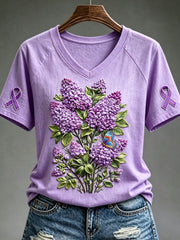 Women's Purple Floral & Hummingbird Print Alzheimer's Awareness Support V-Neck Tee gracestitchs