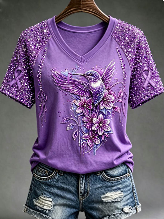 Women's Purple Floral & Hummingbird Print Alzheimer's Awareness Support V-Neck Tee gracestitchs