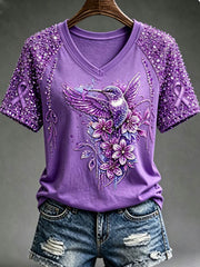 Women's Purple Floral & Hummingbird Print Alzheimer's Awareness Support V-Neck Tee gracestitchs