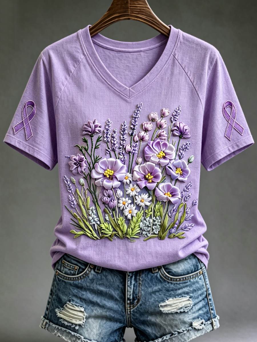 Women's Purple Floral & Hummingbird Print Alzheimer's Awareness Support V-Neck Tee gracestitchs