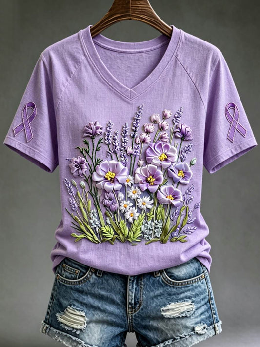 Women's Purple Floral & Hummingbird Print Alzheimer's Awareness Support V-Neck Tee gracestitchs