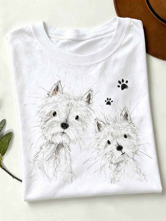 Women's cute dog pattern printed short-sleeved T-shirt
