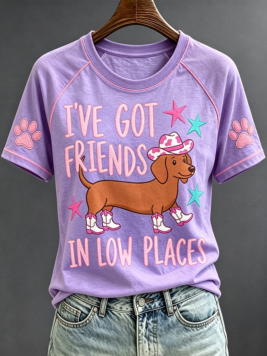 Women's I’ve Got Friends In Low Places Funny Dachshund Art Print Short Sleeve T-shirt gracestitchs