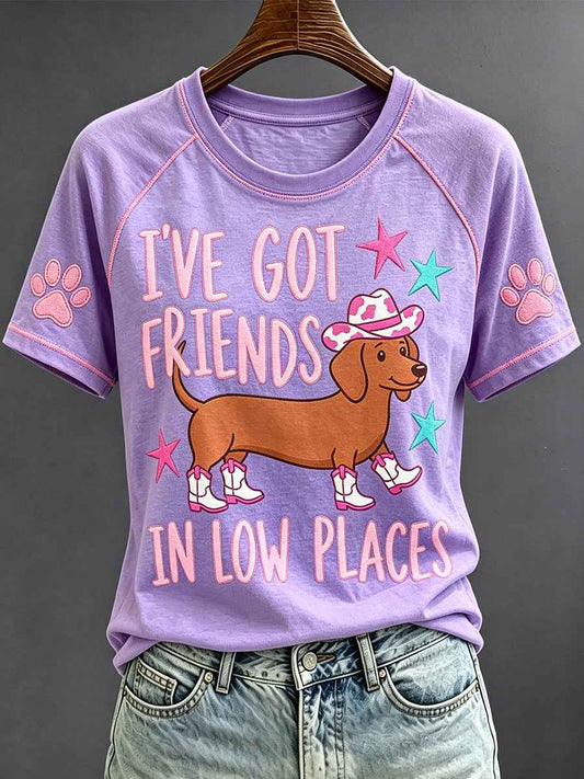 Women's I’ve Got Friends In Low Places Funny Dachshund Art Print Short Sleeve T-shirt