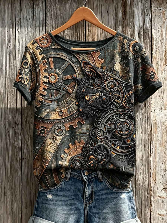 Women's Vintage Steampunk Cat Art Print short-sleeved T-shirt