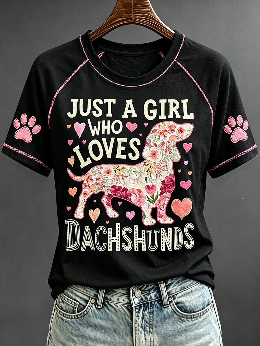 Women's Just A Girl Who Loves Dachshunds Floral Dog Art Print Short Sleeve T-shirt gracestitchs