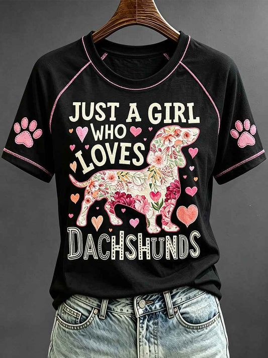 Women's Just A Girl Who Loves Dachshunds Floral Dog Art Print Short Sleeve T-shirt