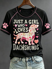 Women's Just A Girl Who Loves Dachshunds Floral Dog Art Print Short Sleeve T-shirt gracestitchs