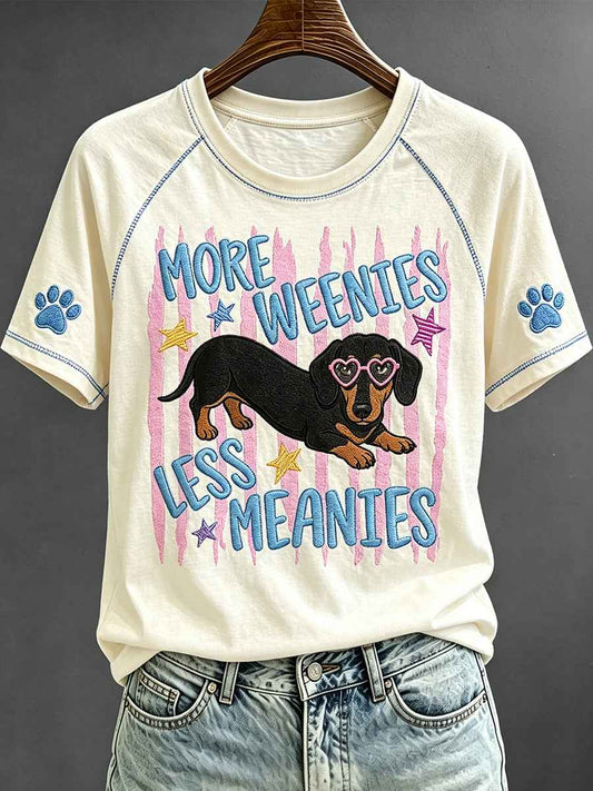 Women's More Weenies Less Meanies Funny Dachshund Art Print Short Sleeve T-shirt