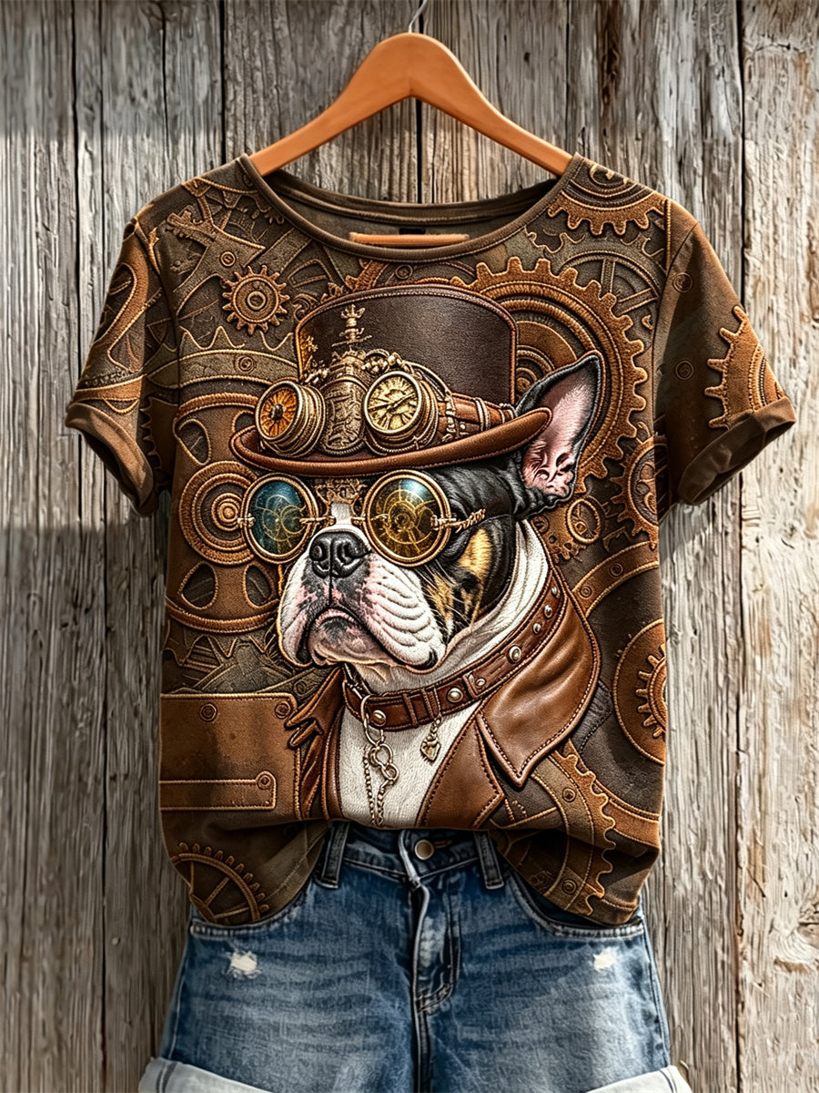 Women's Vintage Steampunk Bulldog Art Print short-sleeved T-shirt gracestitchs