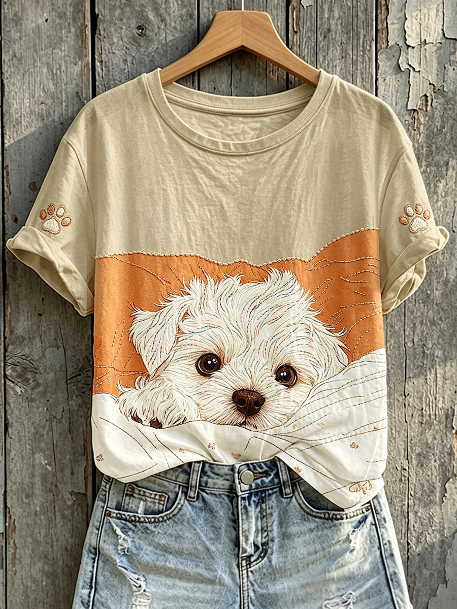 Women's Lovely Maltese Puppy Print Short-sleeved T-shirt gracestitchs
