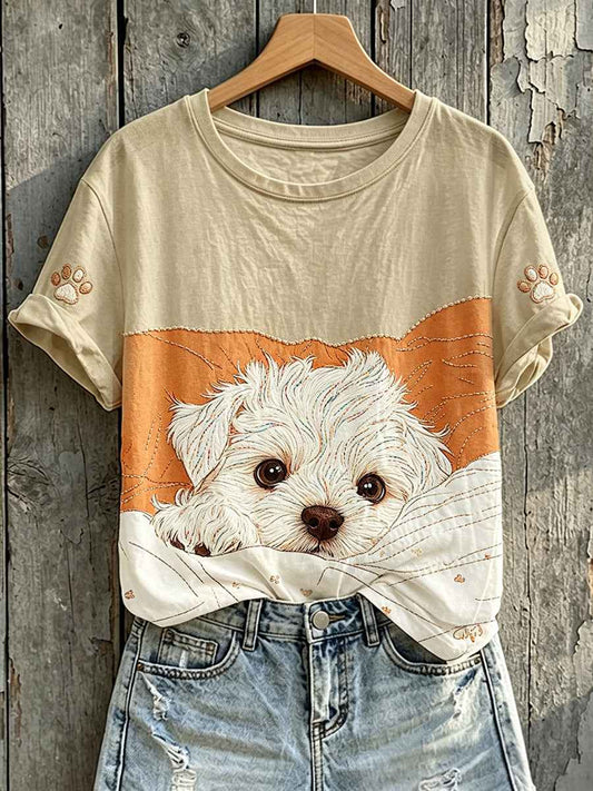 Women's Lovely Maltese Puppy Print Short-sleeved T-shirt