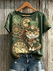Women's Vintage Steampunk Cat Art Print short-sleeved T-shirt gracestitchs