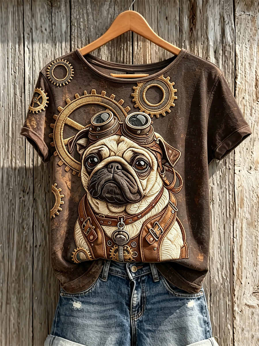 Women's Vintage Steampunk Pug Dog Art Print short-sleeved T-shirt gracestitchs